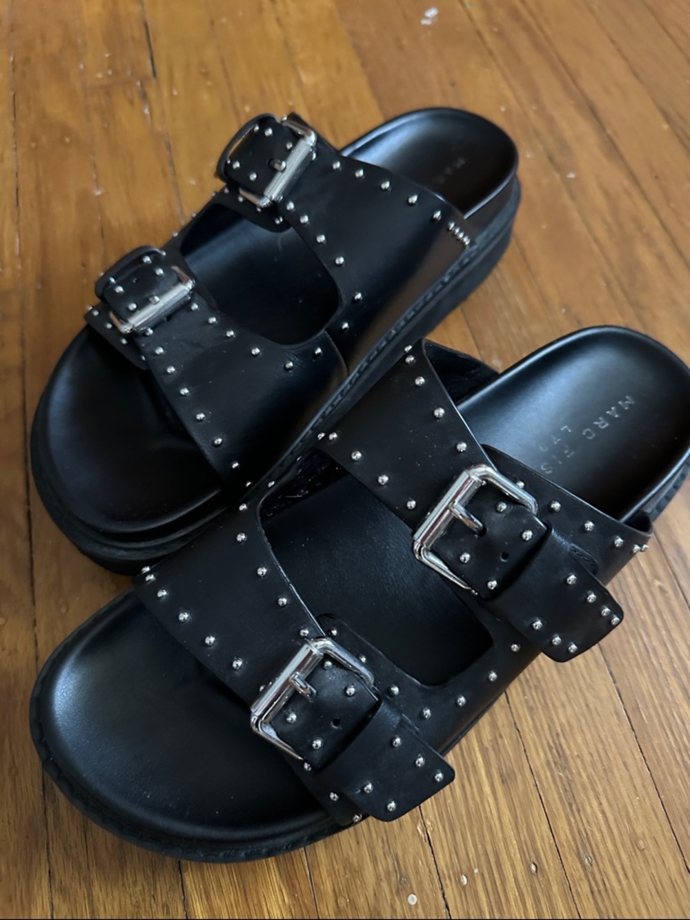 Marc Fisher Black Studded Double-Buckle Slide Sandals